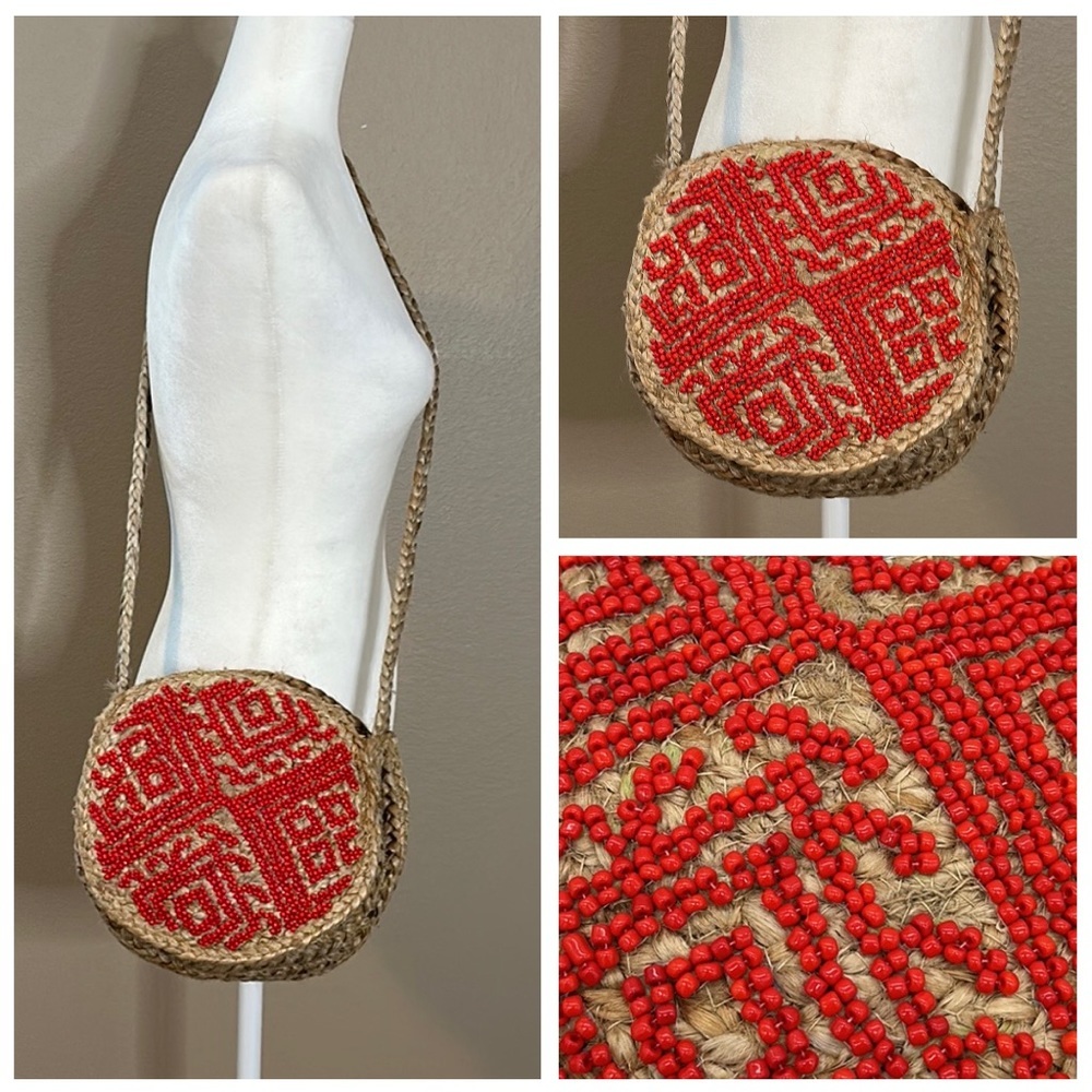 Jute & Beaded Crossbody Boho Handbag -Gorgeous Orange Beads-Beach Vibes